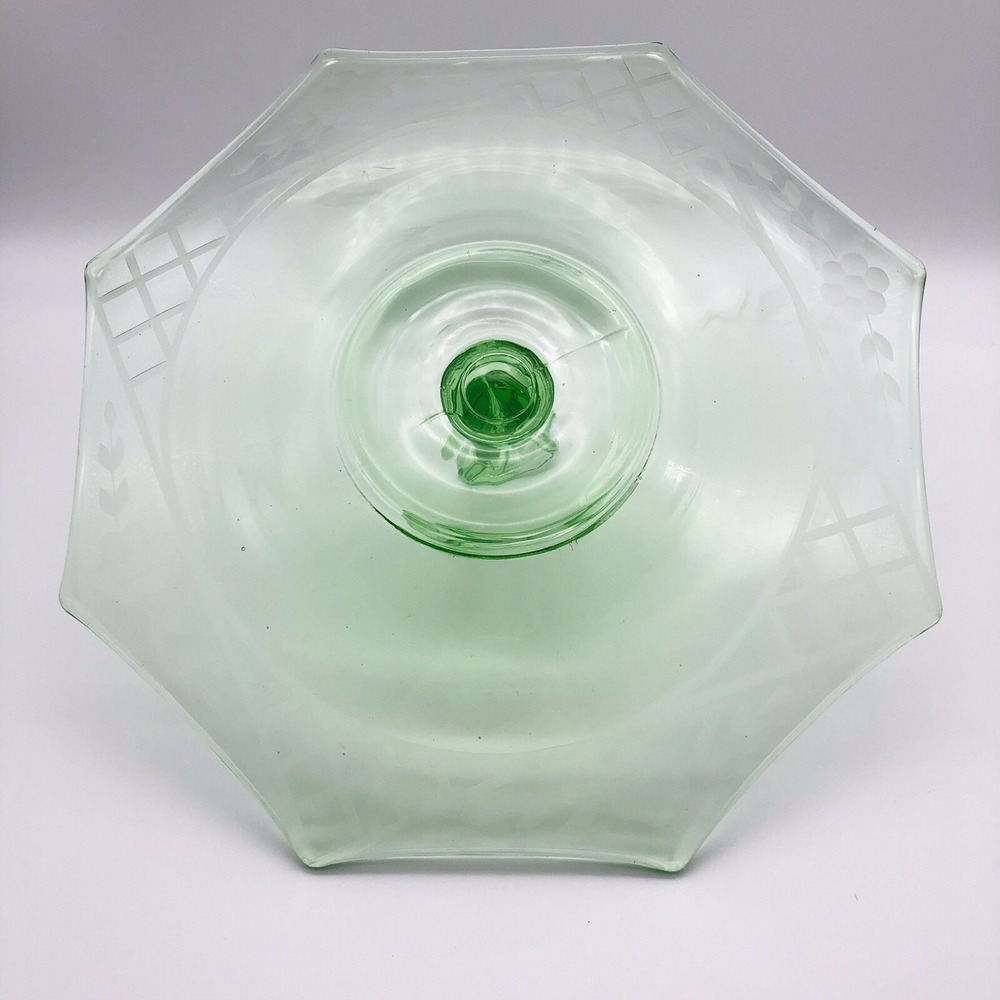 Vintage Green Depression Glass Handled Etched Floral Patterned Tidbit Tray - Picture 6 of 6